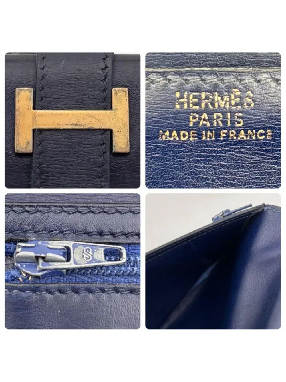 Hermes Bearn Classic Box Calf Navy Blue Wallet Bifold